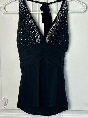 Babydoll Black Halter Tank with Rhinestone Detail,M,Gidani,vtg ,made in U.S.A.